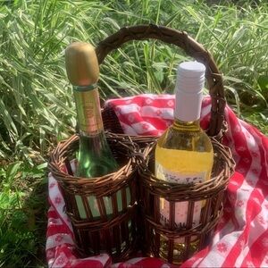 Vintage Boho Chic Farmhouse Wicker Rattan Wine Two Sided Picnic Basket Romantic